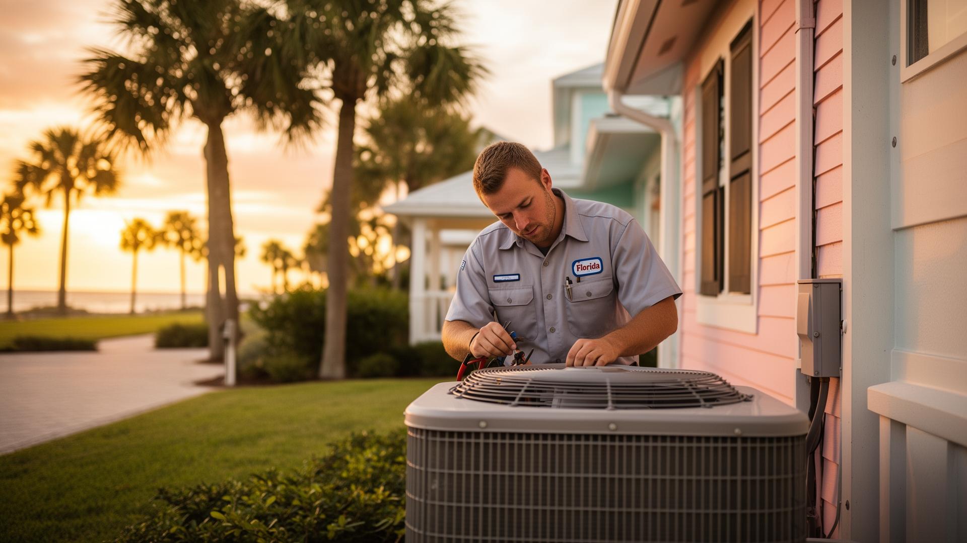 Florida HVAC technician servicing an outdoor AC condenser beside a pastel coastal home at golden hour